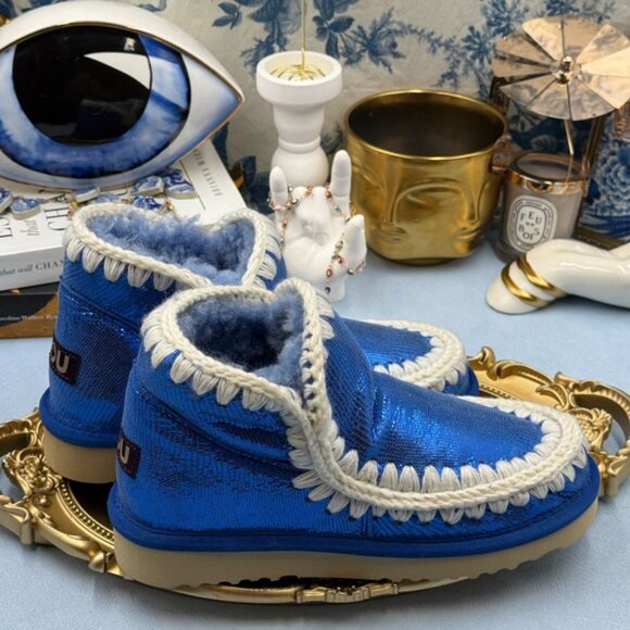 🆕 MOU 🧿 NWOT WOB Metallic Stingray Effect Blue Eskimo Ankle Boot, Sz EU 37 - Picture 9 of 13